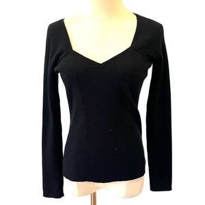 Amour Vert Maelle Black Ribbed Sweater Sweetheart Neckline Medium Wool